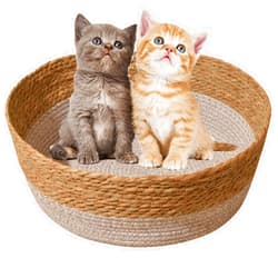 CXYYXF Cat Basket Bed - Large Round Rattan and Cotton Rope Woven Beds for Indoor Cats and Small Dogs,Bucket Nest for Your Pet to Cuddle, Cute Circle Baskets for Kitty (Only Nest,Small)