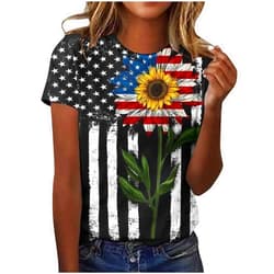 Ceboyel Women 2023 Sunflower American Flag Shirt Stars Stripes Patriotic Graphic Tees Short Sleeve Tops Fourth of July Outfit