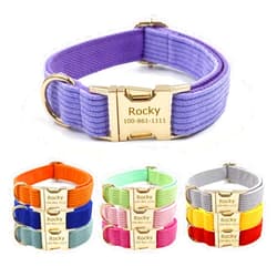 YUNMARY Personalized Velvet Dog Collars with Name Phone Number Engraved, Custom Adjustable Soft Stripe Collar with Metal Buckle for Small Medium Large Dogs, Dog Leash and Bow Tie Available - Purple