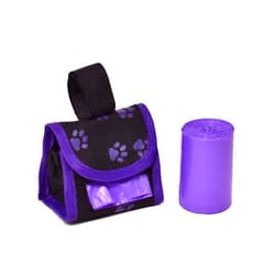 Doggie Walk Bags Purple Paw Dog Poop Bag Dispenser – Durable Fabric Waste Bag Holder with Strap for Leash – 2 Rolls of Large Doggy Bags Made in USA – Includes 30 Bags