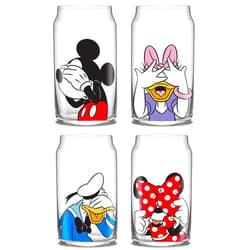 JoyJolt Disney Mickey Mouse & Friends Peek-a-Boo Collection Tumblers, 16oz Can Shape Tumbler Drinking Glass Cups Set, Glass Tumbler Set of 4 w/Glass Straws, Disney Gifts, Mickey Mouse Glasses