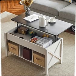 VINGLI Lift Top Coffee Table, Charcoal Top with White Frame, Farmhouse Cross-Sided Design, with Storage Shelf/Hidden Compartment, Gas Lift Mesa De Centro para Sala Pop Up Coffee Table