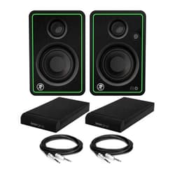 Mackie CR3-XBT 3-Inch Multimedia Monitors with Bluetooth (Pair) Bundle with Studio Monitor Isolation Pads (Suitable for 3 or 4-Inch Monitors) and 1/4 to 1/4 Inch TRS Cables (4 Items)