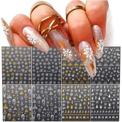 BSBTBZ 8 Sheets Christmas Nail Stickers 3D Snowflake Nail Art Supplies Santa Claus Snowflakes Tree Elk Nail Decals Gold Silver White Designs Xmas Winter Nail Sticker for Nail Art, New Year Nail Decorations