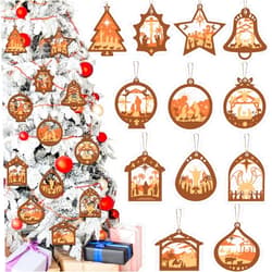 Tiamon 12 Pieces Wooden Christmas Ornaments Nativity Scene Ornaments Jesus Xmas Tree Hanging Christian Religion Bible Winter Holiday 3D Indoor Outdoor Decoration Nativity Scene Keepsake