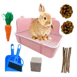 MUYG 11Pcs Rabbit Litter Box Toilet,Bunny Corner Litter Bedding Plastic Square Grate Guinea Pig Bunny Ferret Hamster Hedgehog, Potty Trainer Bedding Box for Guinea Pig Ferret Hamster Hedgehog (Pink)