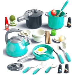Bruvoalon 32Pcs Kids Play Kitchen Toys Set, Toddlers Pretend Cooking Playset Acccessories with Pots Pans, Utensils Cookware, Foods, Canned Veges, Learning Gift for Kids Girls Boys (Green)