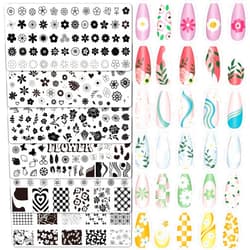Whaline 6Pcs Simple Floral Nail Plates Stamping Set Flower Leaves Stamp Templates Nail Art Plates for DIY Print Manicure Salon Design Gift