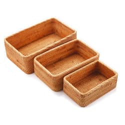 DECRAFTS Natural Rattan Fruit Storage Baskets Rectangular Woven Wicker Box for Key Holder Remote Stackable Natural Set of 3