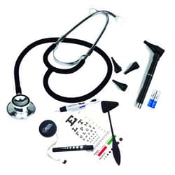 ASA TECHMED Dual Head Stethoscope Set with Snellen Eye Chart, Taylor Percussion Hammer, Otoscope w/Batteries, LED Pupil Gauge Penlight, Retractable Tape Measure, 4 in 1 Ballpoint Pen