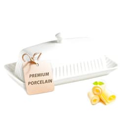 YHOJOY Ceramic Butter Dish with Lid, White Butter Holder Container with Porcelain Cover Knob Handle, Butter Dishes for Countertop Refrigerator, Perfect for East West Coast Butter Storage, Striped