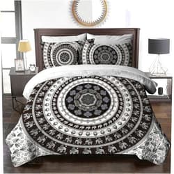 BlessLiving 8 Piece Mandala Comforter Set Bohemian Balck White Design Boho Hippie Bedding with 1 Comforter, 2 Pillow Sham, 1 Flat Sheet, 1 Fitted Sheet, 2 Pillowcase, 1 Cushion Cover, Queen Size