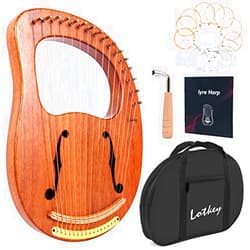 LOTKEY Lyre Harp, Lotkey 16 Metal Strings Iron Saddle Mahogany Lyre Harp with Tunning Wrench, Extract Strings, Manual and Gig Bag
