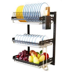 USHARP Wall Mounted Dish Drying Rack, 3 Tier Hanging Dish Rack Drainer, Wall Mount Kitchen Plate Organizer Storage Shelf with Drain Tray and 3 Hook, Stainless Steel, Black, Large, Ajustable Height (21.8