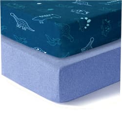 Dreamology Mini Crib Sheets,Pack and Play Sheets Fitted,100% Cotton Mini Crib Sheets, Boy, Girl, Pack n Play Sheet, Crib Mattress Sheets, 24x38 Crib Sheets | Dino, Denim Blue