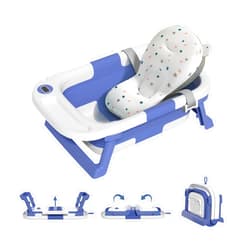 Wwuiuiww Baby Bathtub for Newborn with Thermometer & 1 Soft Floating Cushion,Portable Travel Bathtub with Drain Hole (Blue)