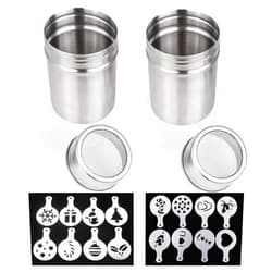 TuNan 2 Pcs 10oz Stainless Steel Powder Shakers, TuNan Coffee Cocoa Cinnamon Dredges with Fine-Mesh Lid, Sugar Spice Seasoning Cans for Kitchen Cooking Baking Home Restaurant, with 16 Decorating Stencils