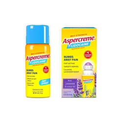 Aspercreme Max Strength Lidocaine Pain Relief Dry Spray 4 oz. Odor Free Essential Oils Lidocaine Pain Relief with Lavender, Roll-On No Mess Applicator, 2.5 oz.