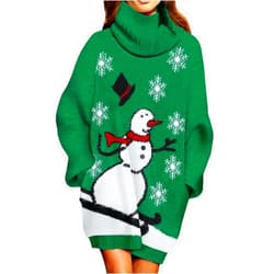Pink Queen Women Turtleneck Loose Print Christmas Long Sweater Dresses with Pocket