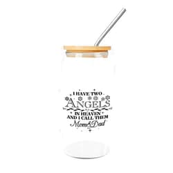 Luckluccy I Have Two Angels In Heaven And I Call Them Mom And Dad Glass Cup Clear Glass Cups with Lids And Straws Saying Quote Smoothie Cup for Juice Coffee Soda Drinks 16OZ