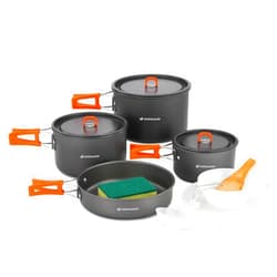 Odoland 15pcs Camping Cookware Non-Stick Lightweight Camping Pots and Pans Set with Plastic Plates Bowls Soup Spoon for Camping, Backpacking, Outdoor Cooking and Picnic