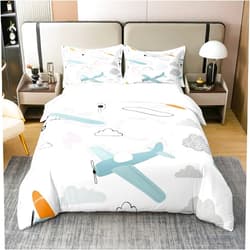 Castle Fairy Cartoon Planes 100% Cotton Duvet Cover Cute Aircraft Watercolor Clouds Graffiti Bedding Set for Kids Boys Girls Colorful Modern Hippie Airplanes Decor Comforter Cover with 1 Pillowcase Twin Size 2 Pcs