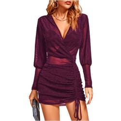 Rooscier Women's Sheer Mesh Glitter Wrap V Neck Long Sleeve Ruched Drawstring Bodycon Mini Dress
