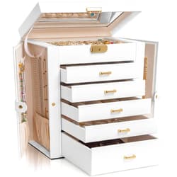 AKOZLIN Large 6-Tier Jewelry Box Lockable Leather Jewelry Storage Case with 5 Drawers for Women Girls Ring Necklace Earring Bracelet Holder Organizer with Mirror