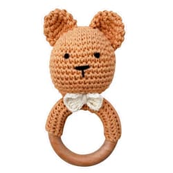 Mali Wear Natural Crochet Teddy Bear Teether Baby Toy Rattle Forest Friends Amigurumi on Natural Wooden Teething Ring Rattle New Born Photography (Teddy Bear Rattle)