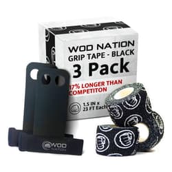 WOD Nation (Bundle - Weightlifting Hook Grip Tape - Bulk Packs - 23 Feet Per Roll, Comfortable, Stretchy Athletic Tape (3 Pack) & Barbell Gymnastics Grips Perfect for Pull-up Training (Large)