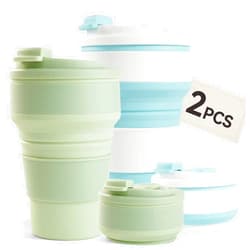 Fijinhom 2Pcs Collapsible Cup for Traveling, Collapsible Silicone Travel Cup for Hot and 2 Drinks, Leak Proof Silicone Folding Travel Coffee Mug for Camping & Hiking, BPA Free 12oz Green&Blue
