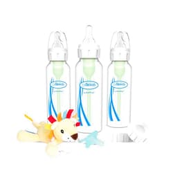 Dr. Brown's Dr. Brown’s Natural Flow® Anti-Colic Options+™ Narrow 8oz/250mL Baby Bottle + Lovey Gift Set with Level 1 Slow Flow Nipples 8oz, 3 Pack, Pink & Unicorn Lovey & HappyPaci Pacifier