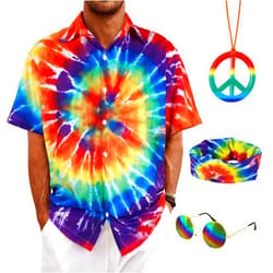 Bombline 4 Pieces Hippie Costume Set,Tie Dye Button Down Shirt Set,Tie Dye Headband,Rainbow Sunglasses,Peace Sign Necklace