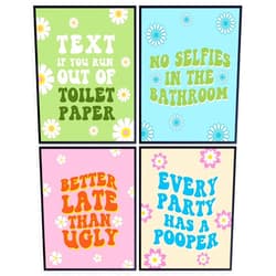 YELLOWBIRD ART & DESIGN 60s 70s Vintage Bathroom Decor - Cute Bath Pictures - Small Bathroom Wall Art - Funny Quotes Wall Decor Poster Set - Hippie Restroom Print Aesthetic - Retro style Preppy Room Picture - Restroom Sign