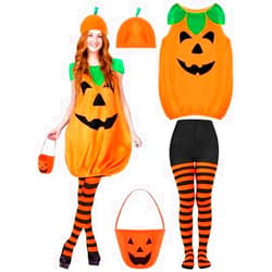 IMEDGOG Halloween Adult Pumpkin Costume Set - Sleeveless Velvet Pumpkin Outfit with Candy Bag, Funny Hat & Striped Tights for Women Halloween Party Cosplay