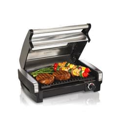 Hamilton Beach Electric Indoor Searing Grill with Viewing Window & Adjustable Temperature Control to 450F, 118 sq. in. Surface Serves 6, Removable Nonstick Grate, Stainless Steel