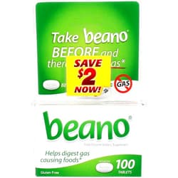 Beano Food Enzyme Dietary Supplement Tablets - 100 ct, Pack of 6