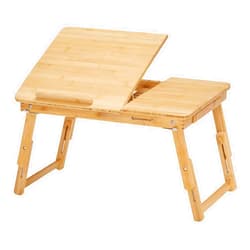 SONGMICS Laptop Desk, Folding Lap Tray, Bamboo Bed Desk with Tilting Top, Small Drawer, for Home Office, Bedroom, Natural ULLD01N