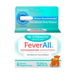 Feverall Children Acetaminophen Suppositories 6 Rectal Suppositories 325mg Each Pain Reliever/Fever Reducer. Paraben Free, No Artificial Colors or Other preservatives. Ages 6-12 Years