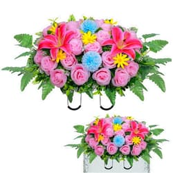 Lodou Artificial Cemetery Flower Saddles,Headstone Saddles for Graves,Lily Rose Flowers Saddle for Cemetery Headstones Decoration Outdoor Memorial Decorations (Pink Lily, Saddle)