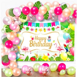 Tegeme 79 Pcs Hawaiian Luau Decorations Tropical Happy Birthday Party Supplies Include Summer Flamingo Backdrop Latex Balloons Arch Artificial Tropical Palm Leaves for Wedding Birthday Party Decoration