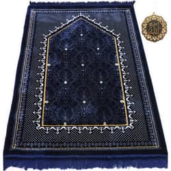 Modefa Turkish Islamic Velvet Prayer Rug - Thick & Wide Soft Praying Carpet - Large Traditional Muslim Salah Mat - Ramadan & Eid Gift - with Car Hanger - Double Plush Topkapi (Blue)
