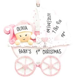 UniqXmas Personalized Baby's First Christmas Ornament 2024 | Baby Girl Carriage Xmas Tree Decoration Pink Stroller | My 1st Xmas Keepsake for New Baby Newborn Grandbaby - Custom Name & Year