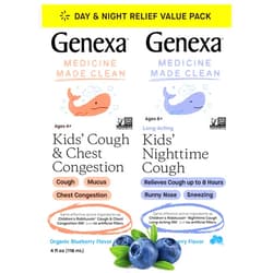 Genexa Kids' Day & Night Cough Combo Pack | Childrens Liquid Daytime Cough & Chest Congestion Relief | Nighttime Cough Suppressant + Runny Nose & Sneezing Relief for Kids 6+ | Blueberry Flavor, 4 FLOz