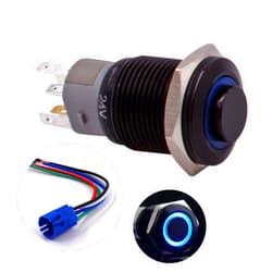 URTONE Momentary Push Button Switch, URTONE UR168, 1NO1NC Black Metal Shell with 24V Blue LED Ring Suitable for 16mm 5/8