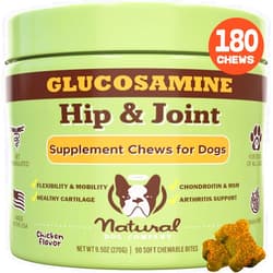 Natural Dog Company Hip & Joint Chews, Chicken Liver & Turmeric Flavor, with Glucosamine Chondroitin for Dogs, Maintains Bone and Joint Health, Supplements for Seniors and Puppies, 180 Count