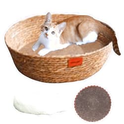 CXYYXF Cat Basket Bed - Large Round Rattan and Cotton Rope Woven Beds for Indoor Cats and Small Dogs,Bucket Nest for Your Pet to Cuddle, Cute Circle Baskets for Kitty (Brown)