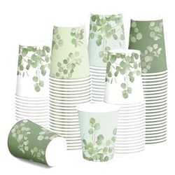 RUSPEPA Disposable Tea Cups 9oz - 100 Pack Eucalyptus Design Printed Paper Coffee Drinking Cups, Thickened Paper Style for Hot/Cold Beverages, Home, Office and Party Supplies