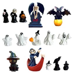 Basuo-9Q 15PCS Halloween Mini Figurines - Spooky Resin Figures for Fairy Garden, Terrarium, Dollhouse - Reaper, Ghost, Black Cat, Bat, Owl, Raven - Whimsical Decor, Gothic Fantasy