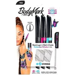 BIC BodyMark by BIC, Temporary Tattoo Marker, Watercolor Inspiration, Skin Safe, Brush Tip, Assorted Colors, 3-Pack with Stencils